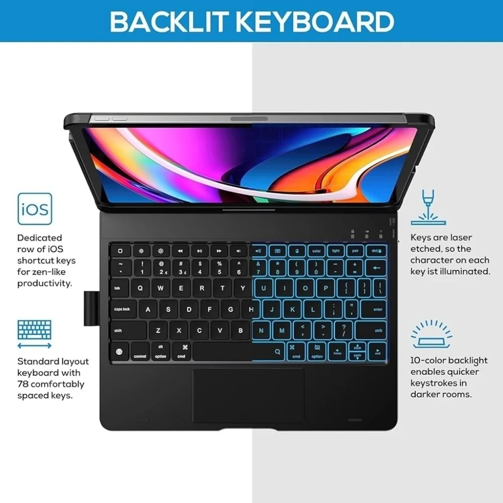 Typecase iPad Air 11” 2024 Touch Keyboard Case 360° Rotatable LED Backlit Black